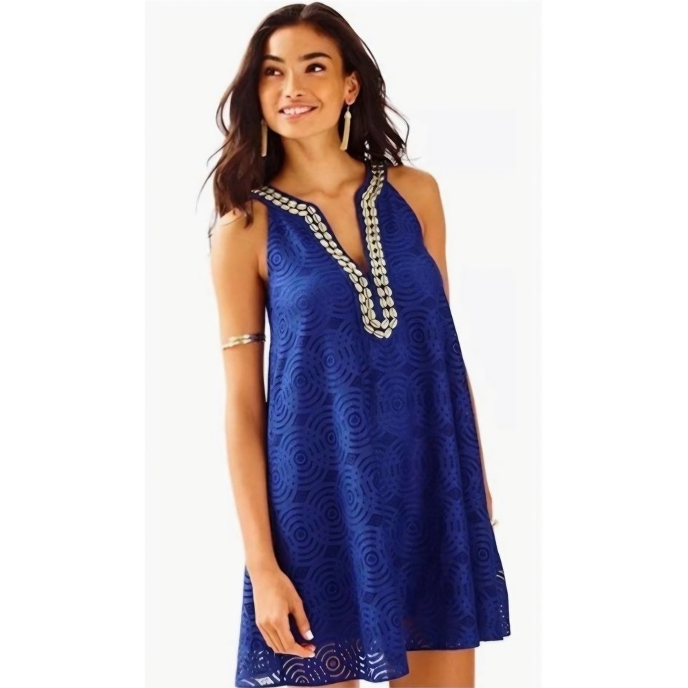 Lilly Pulitzer Blue Lace Cowrie Shell Halter Shift Dress Medium